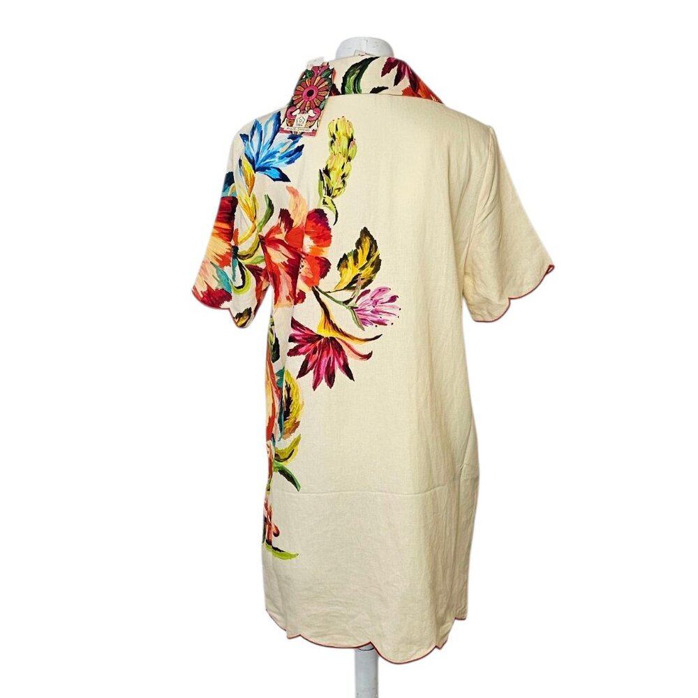 Farm Rio x Anthropologie Scalloped Shirt Dress, Linen Blend, Floral, Resort, M - Picture 6 of 11